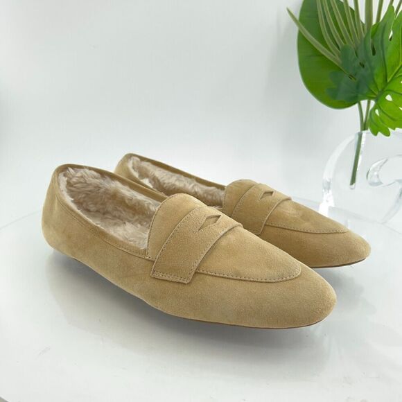 Birdies Womens Size 10.5 The Vesper Penny Loafers Slippers Suede Tan Faux Fur - Picture 8 of 13